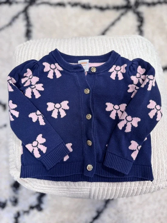 Gymboree Toddler Girl Bow Sweater 18-24 Months Navy Pink Button Cardigan - Picture 3 of 5